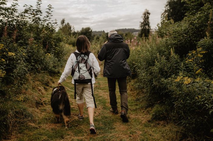 Ein Paar in Wanderkleidung geht mit einem großen Hund einen grasbedeckten Wanderweg entlang. Auf beiden Seiten des Weges sind Hecken, und der Himmel ist bedeckt.